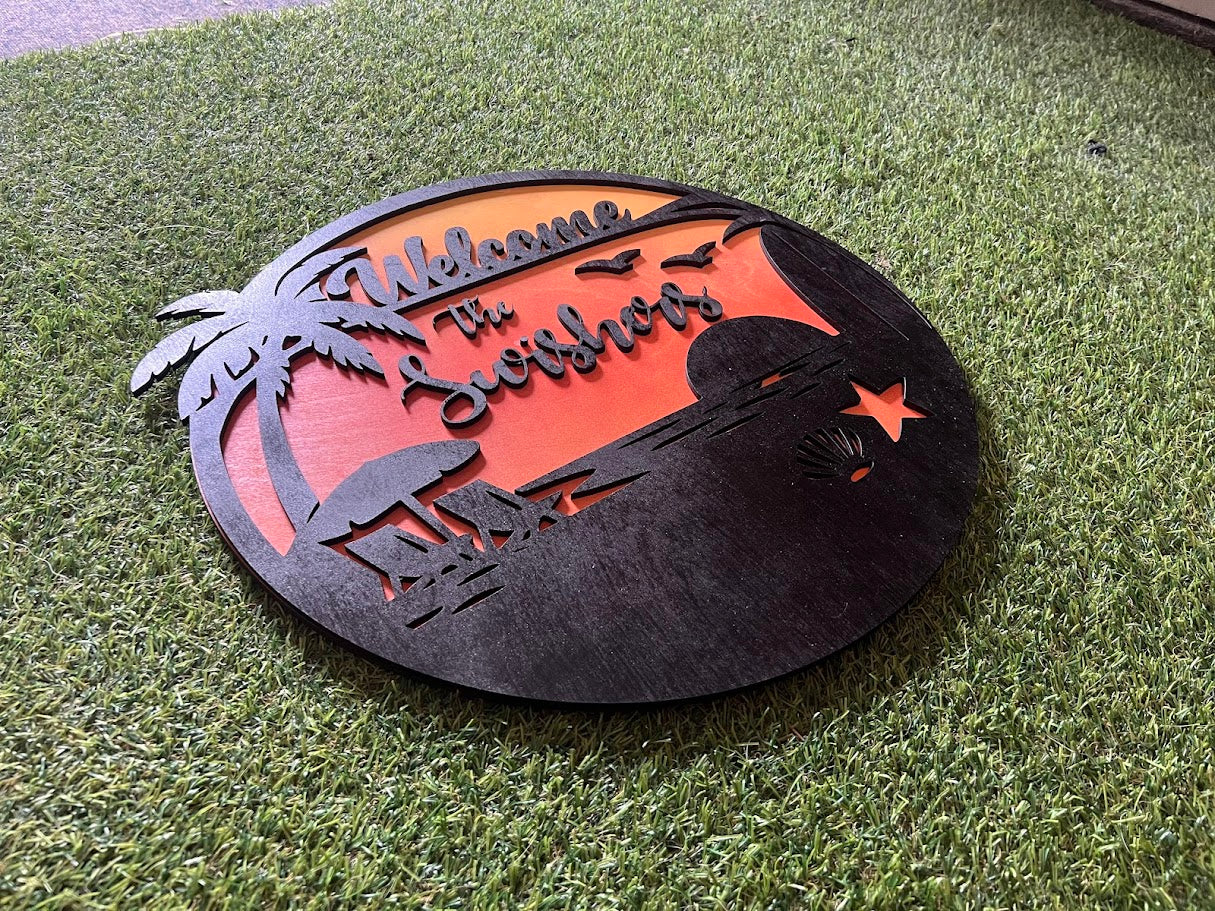 Decorative metal sign with 'Welcome to the Smiths' text on a grassy surface