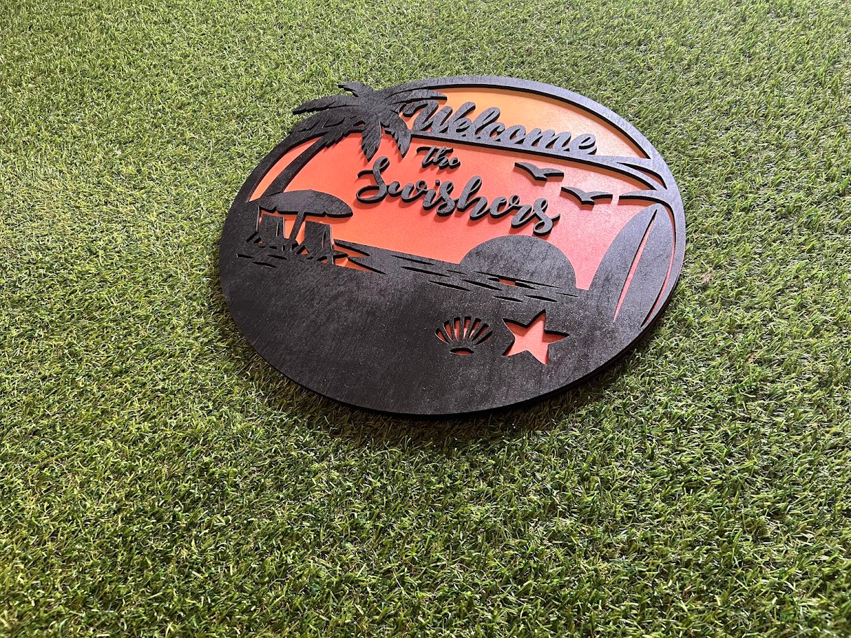 Decorative metal sign with 'Welcome to the Sunbeams' text on a grassy background